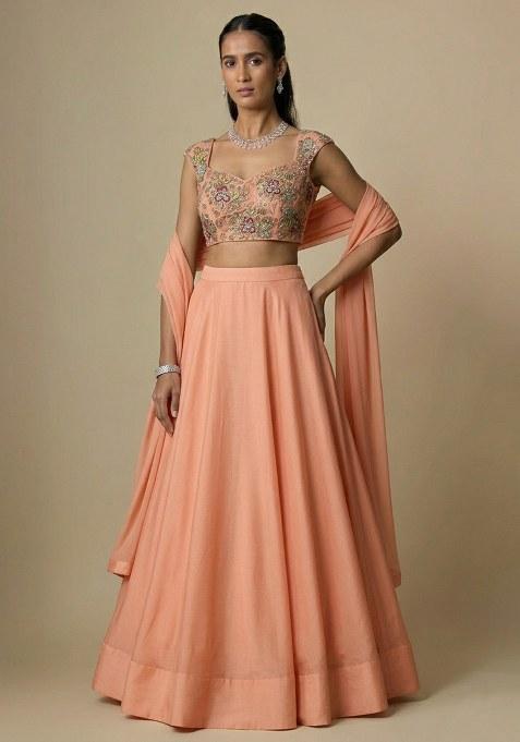 Peach Embroidered Organza Lehenga Set