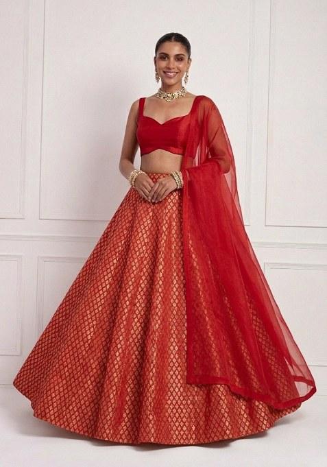 Red Brocade Lehenga Set