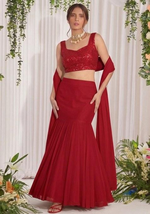 Red Embroidered Georgette Lehenga Set