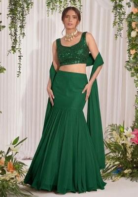 Bottle Green Embroidered Georgette Lehenga Set