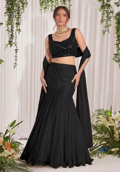 Black Embroidered Georgette Lehenga Set