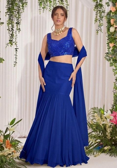 Royal Blue Embroidered Georgette Lehenga Set