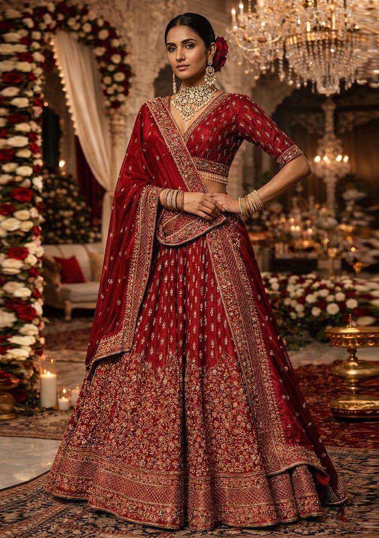 Bridal Red Embroidered Bridal Lehenga Set - Indya