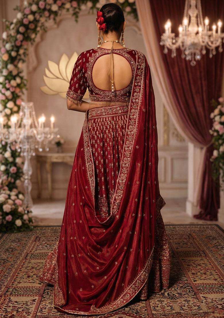 Bridal Red Embroidered Bridal Lehenga Set - Indya
