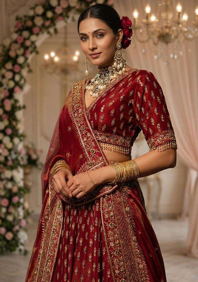 Bridal Red Embroidered Bridal Lehenga Set - Indya