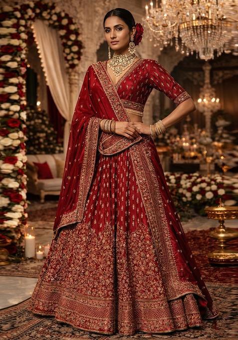 Bridal Red Embroidered Bridal Lehenga Set — view on Indya