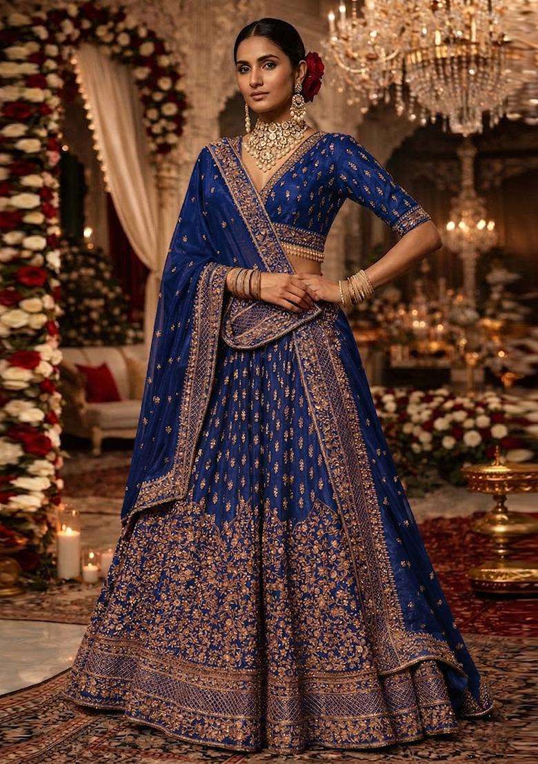 Royal Blue  Embroidered Bridal Lehenga Set - Indya