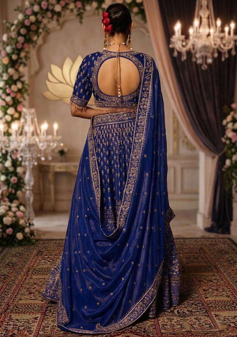 Royal Blue  Embroidered Bridal Lehenga Set - Indya