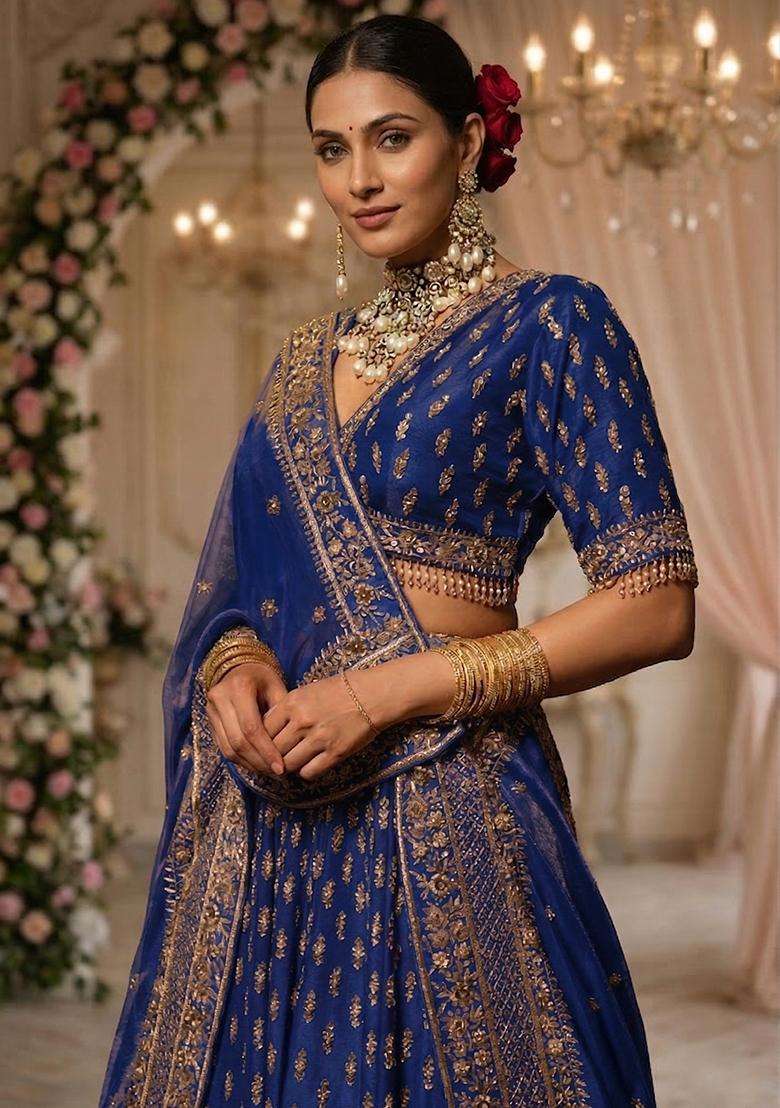 Royal Blue  Embroidered Bridal Lehenga Set - Indya