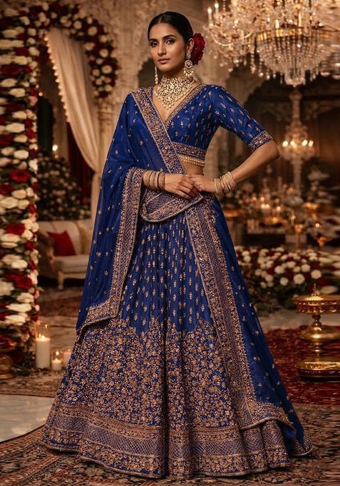 Royal Blue Embroidered Bridal Lehenga Set — view on Indya