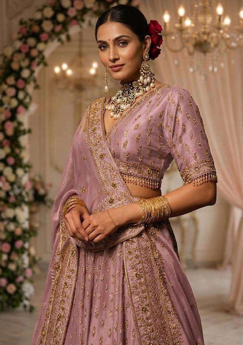 Dusky Pink Embroidered Bridal Lehenga Set - Indya