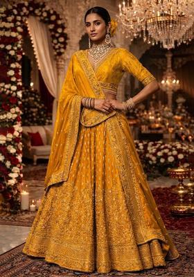 Mustard Yellow  Embroidered Bridal Lehenga Set