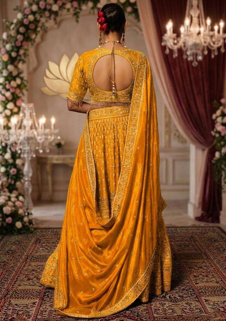Mustard Yellow  Embroidered Bridal Lehenga Set - Indya