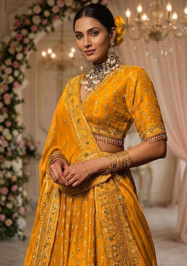 Mustard Yellow  Embroidered Bridal Lehenga Set - Indya