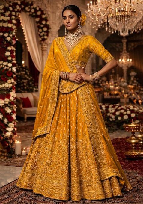 Mustard Yellow Embroidered Bridal Lehenga Set — view on Indya
