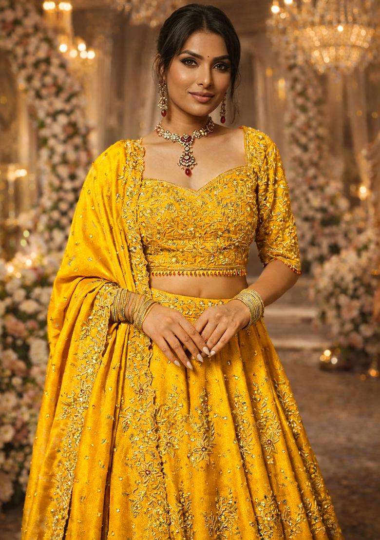 Yellow  Embroidered Bridal Lehenga Set - Indya