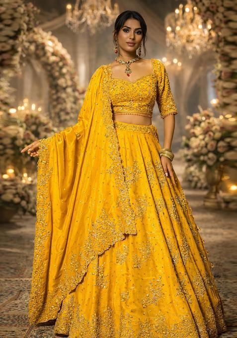 Yellow Embroidered Bridal Lehenga Set — view on Indya