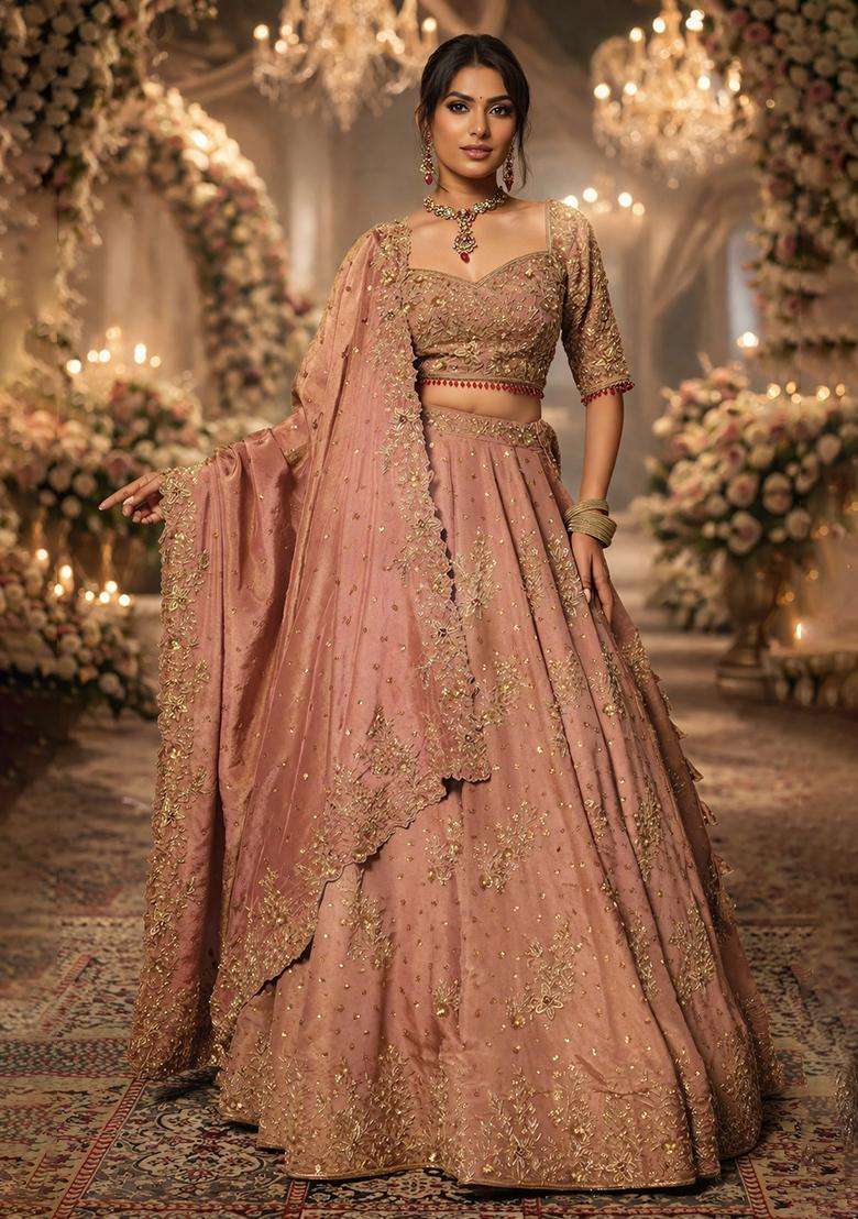 Dusky Pink Embroidered Bridal Lehenga Set - Indya