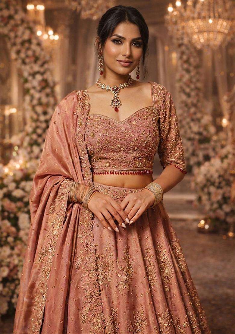Dusky Pink Embroidered Bridal Lehenga Set - Indya