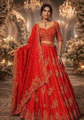 Bright Red Embroidered Bridal Lehenga Set