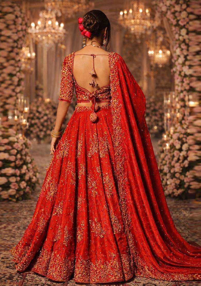 Bright Red Embroidered Bridal Lehenga Set - Indya