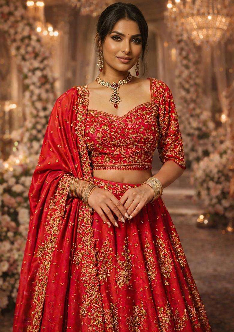 Bright Red Embroidered Bridal Lehenga Set - Indya