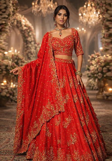 Bright Red Embroidered Bridal Lehenga Set — view on Indya