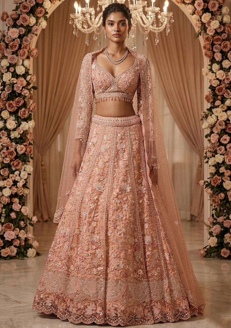 Peach  Embroidered Bridal Lehenga Set - Indya