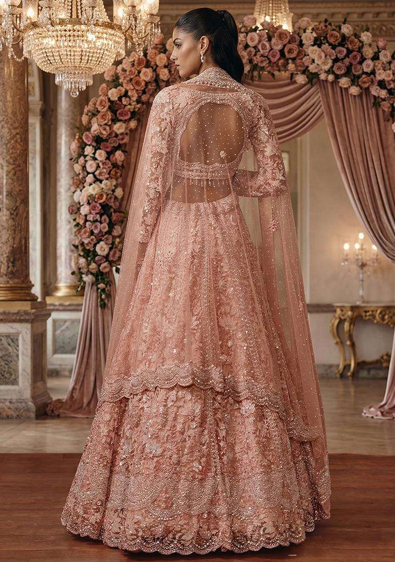 Peach  Embroidered Bridal Lehenga Set - Indya