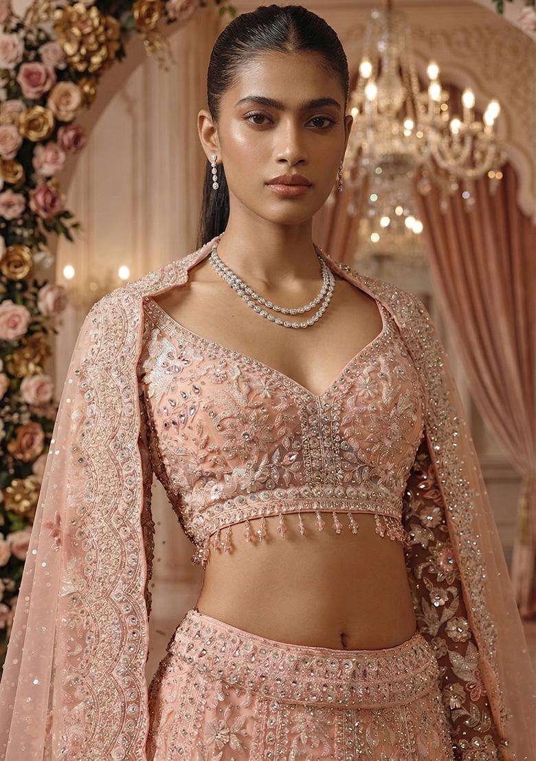 Peach  Embroidered Bridal Lehenga Set - Indya