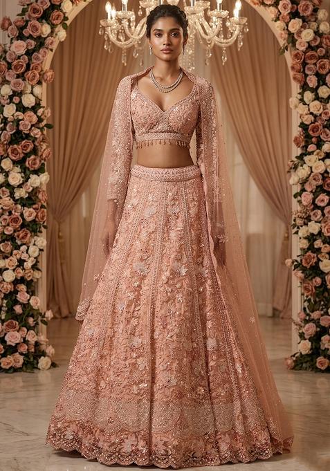 Peach Embroidered Bridal Lehenga Set — view on Indya