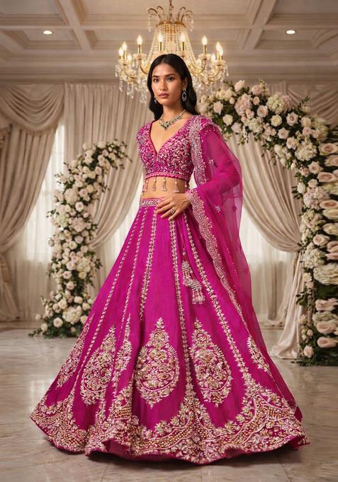 Rani Pink Embroidered Bridal Lehenga Set — view on Indya