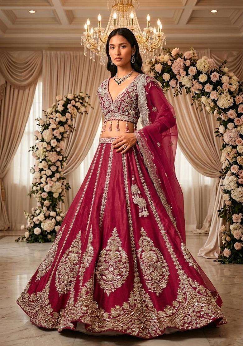 Crimson  Embroidered Bridal Lehenga Set - Indya