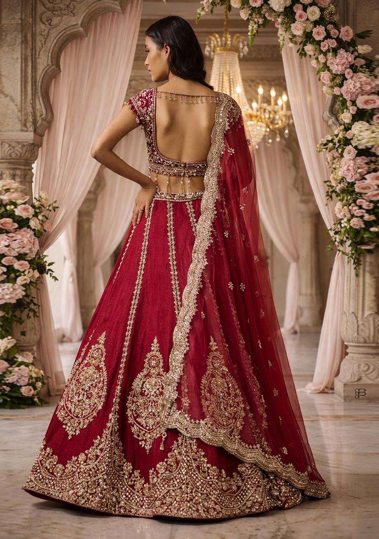 Crimson  Embroidered Bridal Lehenga Set - Indya