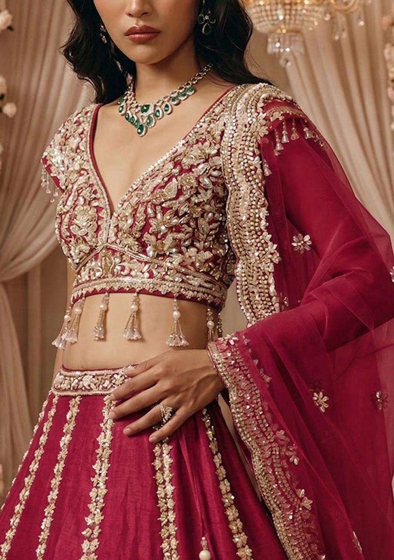 Crimson  Embroidered Bridal Lehenga Set - Indya