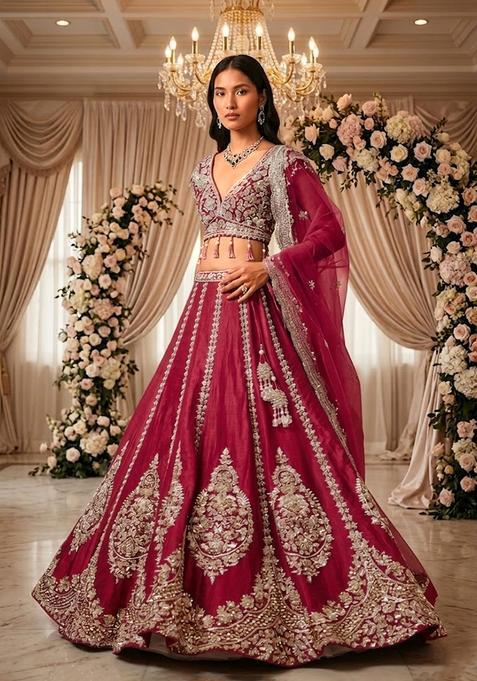 Crimson Embroidered Bridal Lehenga Set — view on Indya