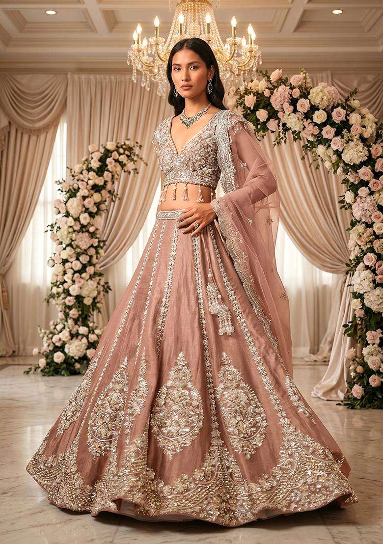 Peach  Embroidered Bridal Lehenga Set - Indya