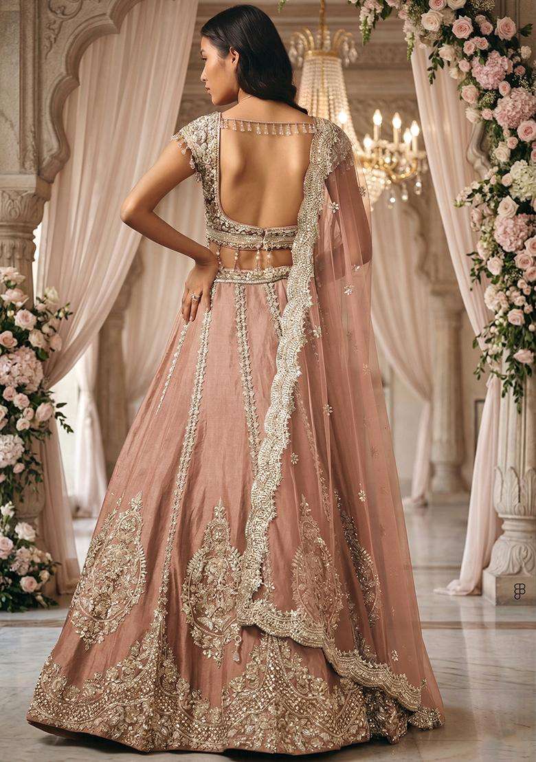 Peach  Embroidered Bridal Lehenga Set - Indya