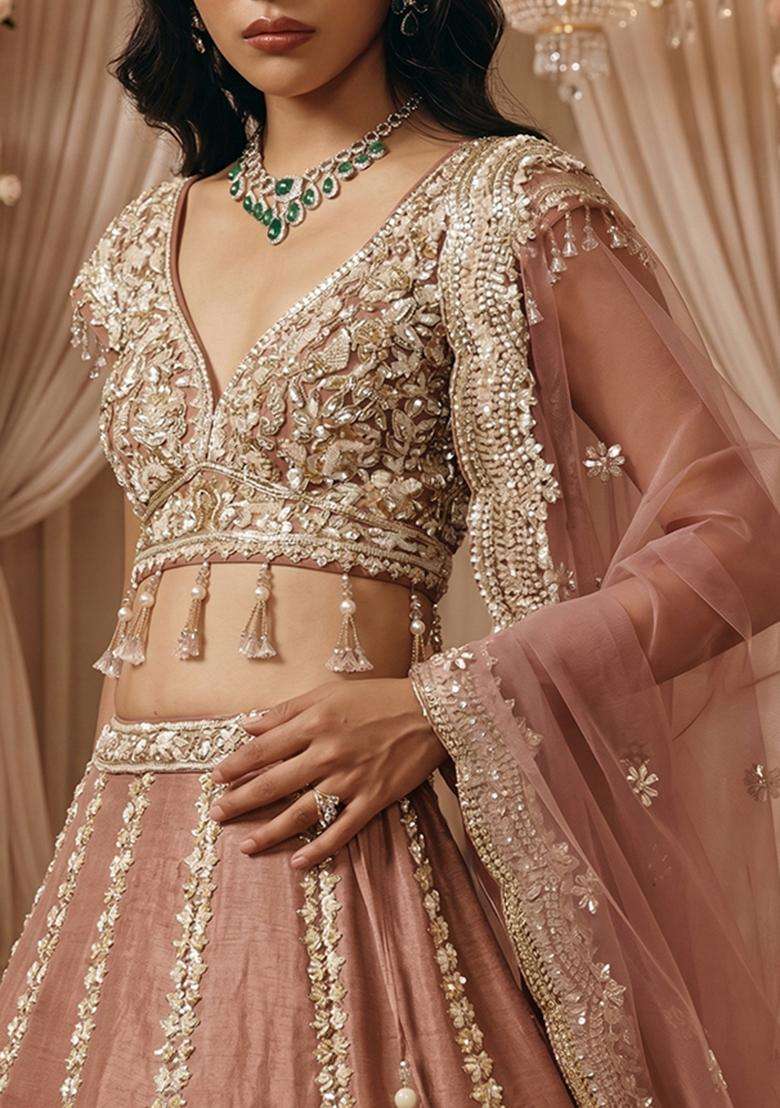 Peach  Embroidered Bridal Lehenga Set - Indya