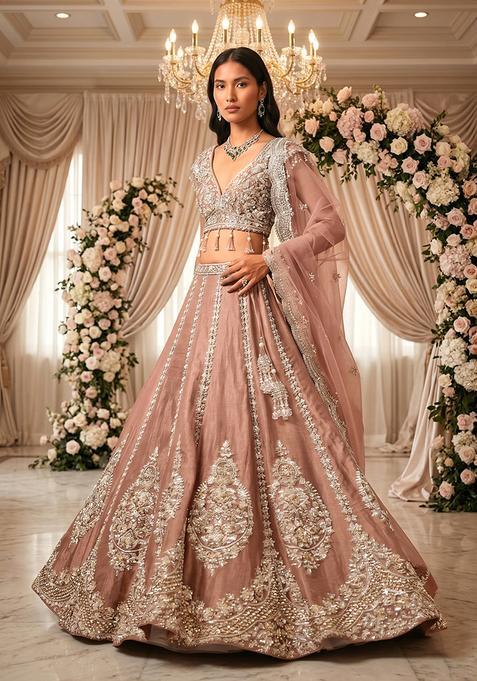 Peach Embroidered Bridal Lehenga Set — view on Indya