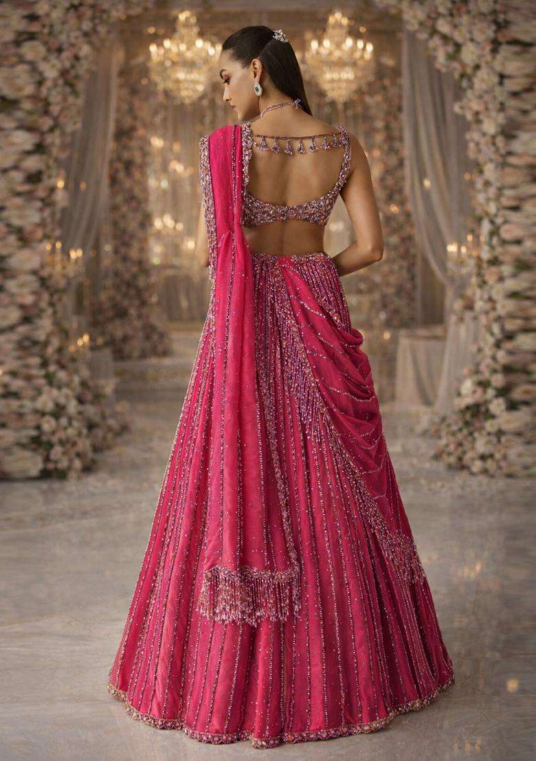 Fuchsia Pink Embroidered Bridal Lehenga Set - Indya