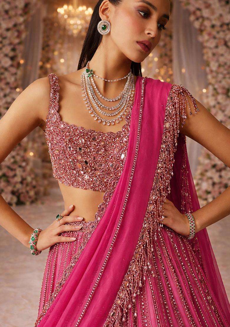Fuchsia Pink Embroidered Bridal Lehenga Set - Indya