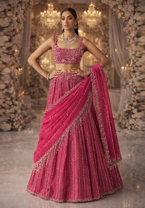 Fuchsia Pink Embroidered Bridal Lehenga Set — view on Indya