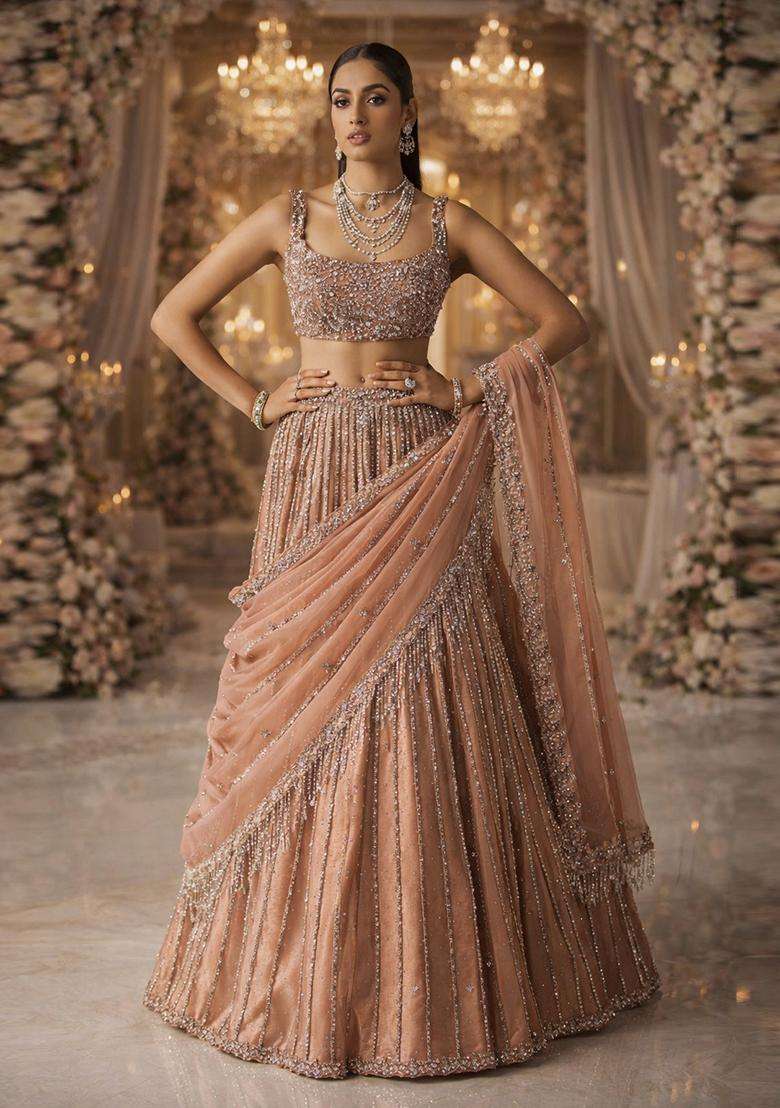 Peach  Embroidered Bridal Lehenga Set - Indya