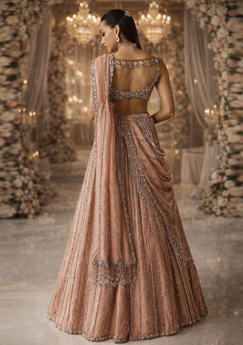 Peach  Embroidered Bridal Lehenga Set - Indya