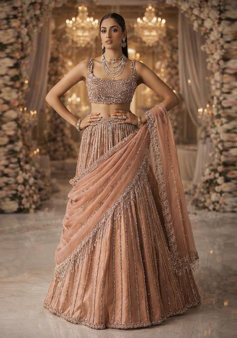 Peach Embroidered Bridal Lehenga Set — view on Indya