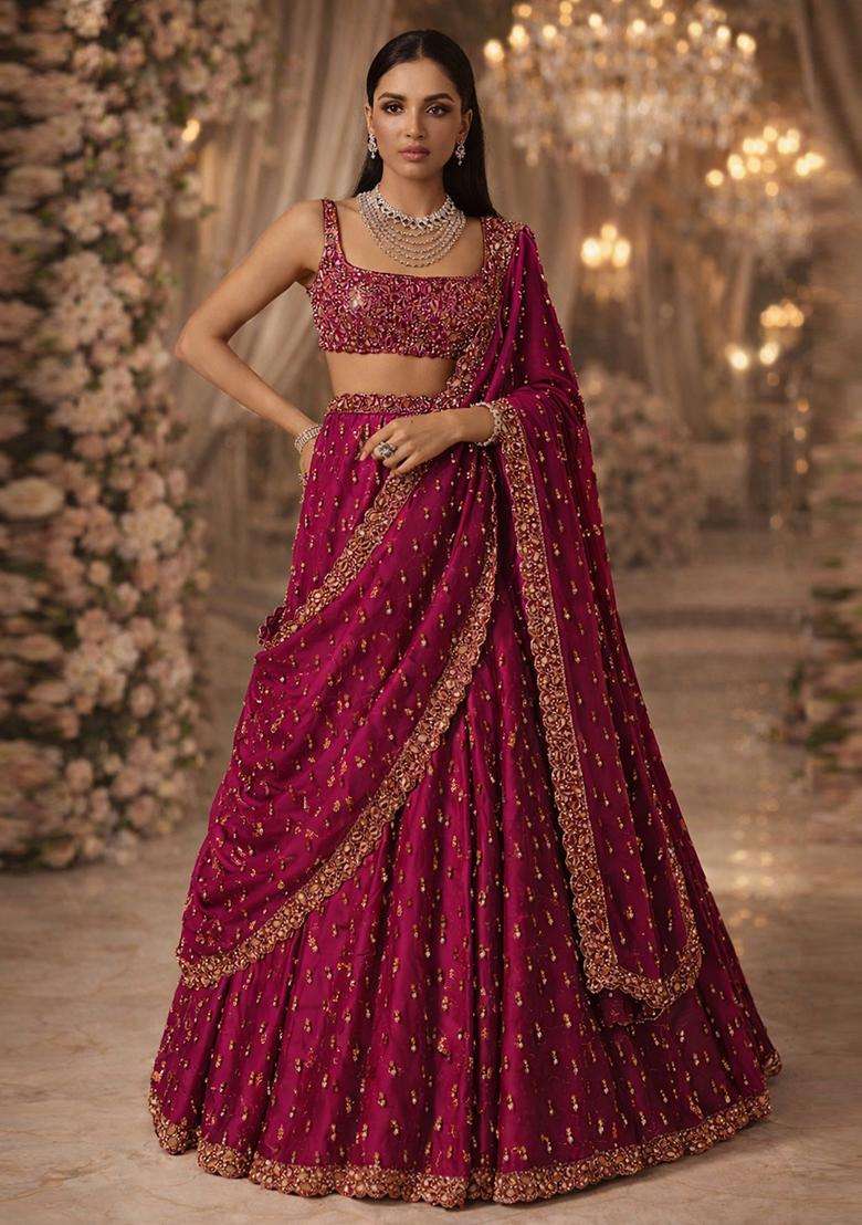 Deep Magenta Embroidered Bridal Lehenga Set - Indya