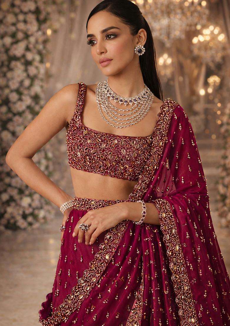 Deep Magenta Embroidered Bridal Lehenga Set - Indya