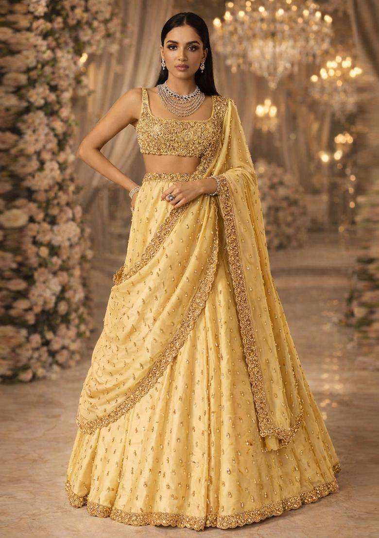 Yellow  Embroidered Bridal Lehenga Set - Indya