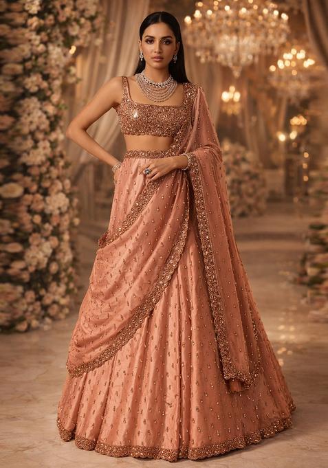 Dusky Pink Embroidered Bridal Lehenga Set — view on Indya
